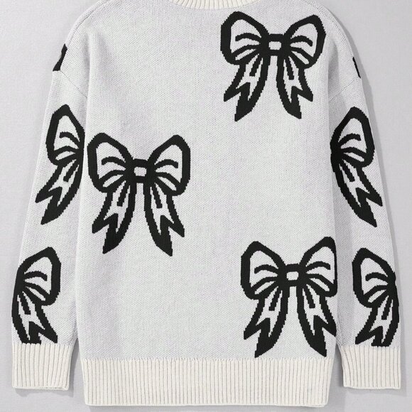 Casual Women's Jacquard Bow Print Round Neck Long Sleeved sweater top - Picture 4 of 8